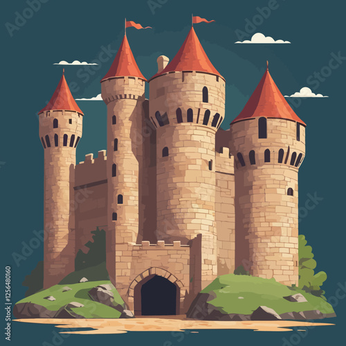 Seamless medieval stone castle wall vector featuring cracked bricks and fortress ruins. Perfect for game backgrounds, historical designs, and fantasy-themed illustrations.
