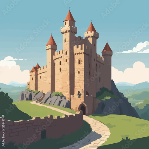 Seamless medieval stone castle wall vector featuring cracked bricks and fortress ruins. Perfect for game backgrounds, historical designs, and fantasy-themed illustrations.