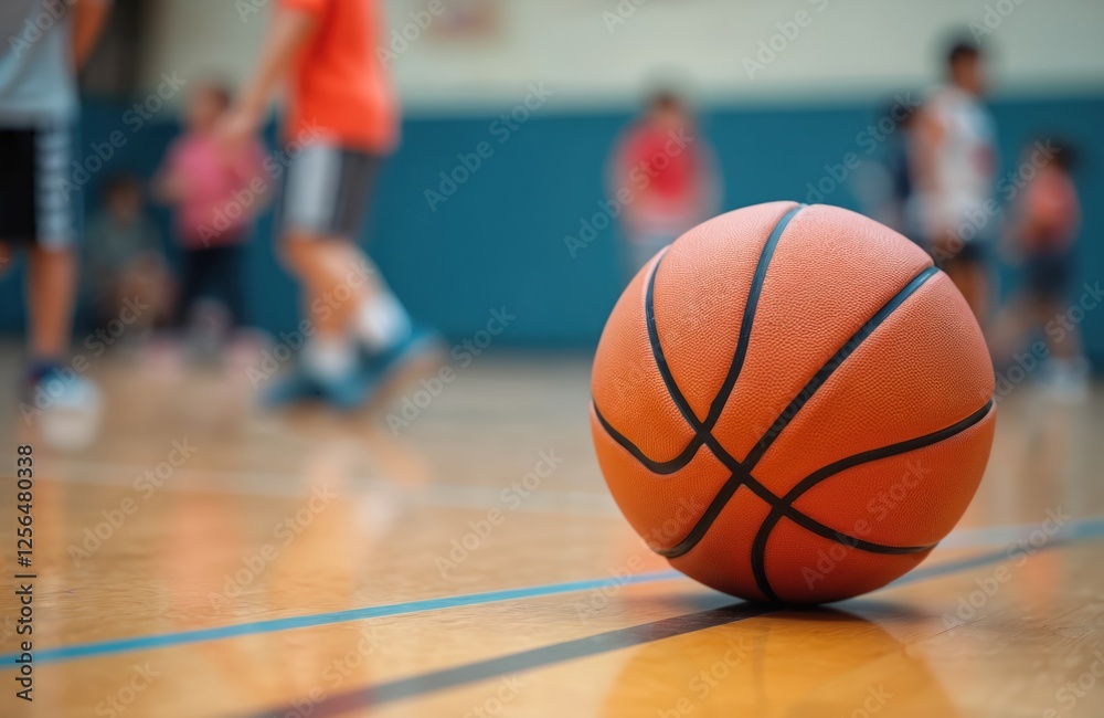 Close-up of basketball ball on court. Blurred feet of kids training in sport gym. Sport development concept. Orange ball on parquet floor. Kids learning to play basketball. Close-up of basketball ball on court. Blurred feet of kids training in sport gym. Sport development concept. Orange ball on parquet floor. Kids learning to play basketball.