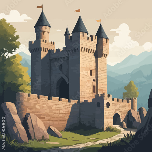 Seamless medieval stone castle wall vector featuring cracked bricks and fortress ruins. Perfect for game backgrounds, historical designs, and fantasy-themed illustrations.