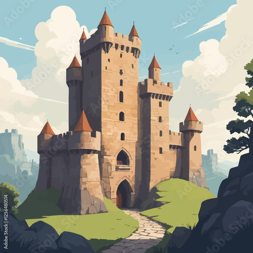Seamless medieval stone castle wall vector featuring cracked bricks and fortress ruins. Perfect for game backgrounds, historical designs, and fantasy-themed illustrations.