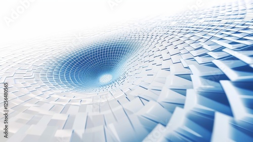 A visually striking vortex composed of layered geometric tiles in blue and white tones, forming a swirling, tunnel-like structure. AI generated.