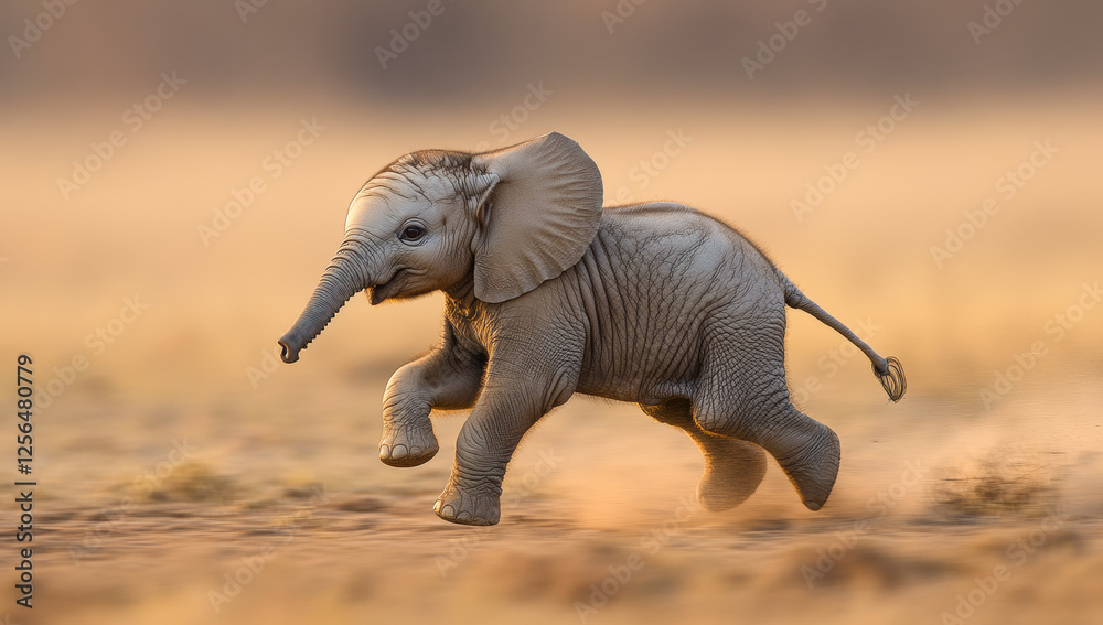 Fototapeta premium A baby elephant is running through the desert. The scene is peaceful and serene, with the baby elephant's movements creating a sense of freedom and joy