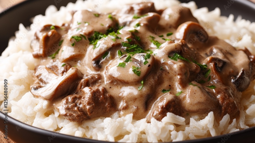 Close-up of rice with comforting beef stroganoff. Featuring tender beef in a creamy mushroom sauce, served over rice. Emphasizing a flavorful, comforting dish. Ideal for beef stroganoff recipes. Close-up of rice with comforting beef stroganoff. Featuring tender beef in a creamy mushroom sauce, served over rice. Emphasizing a flavorful, comforting dish. Ideal for beef stroganoff recipes.