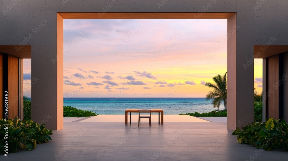 Fototapeta premium Modern Workspace with Scenic Ocean View for Productive Workation Experience