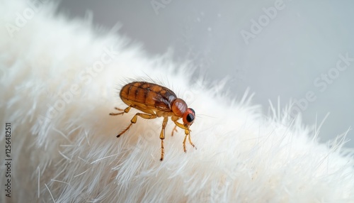 Close-up of flea parasite insect in white animal fur. Macro photo of pest dangerous for pets such as dogs and cats. Animal skin disease from flea bites. Fleas cause itching, discomfort.