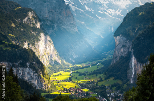 A magnificent view from above of the alpine valley of Lauterbrunnen. Location place Bernese Alps, canton of Bern, Switzerland, Europe. photo