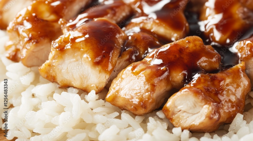 Close-up of rice with flavorful teriyaki chicken. Featuring chicken glazed in a sweet and savory teriyaki sauce, served over rice. Emphasizing a tender, flavorful dish. Ideal for teriyaki recipes. Close-up of rice with flavorful teriyaki chicken. Featuring chicken glazed in a sweet and savory teriyaki sauce, served over rice. Emphasizing a tender, flavorful dish. Ideal for teriyaki recipes.