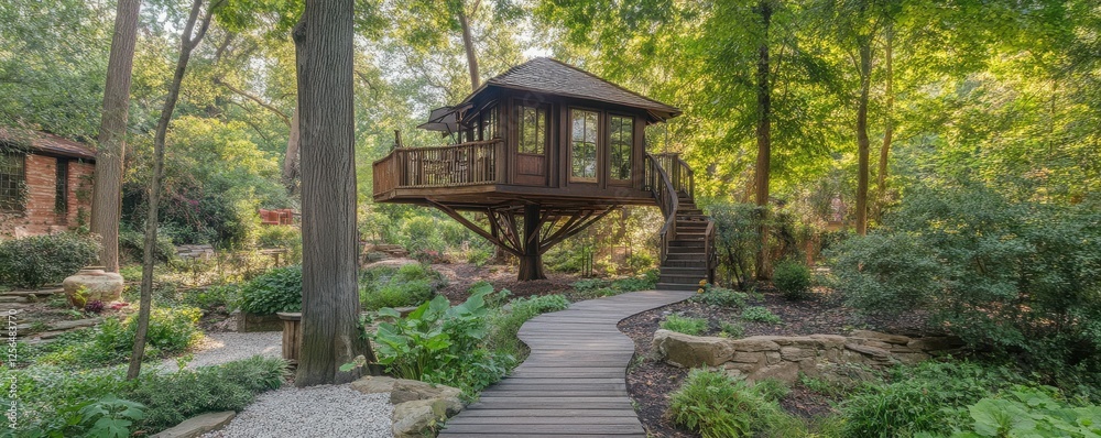 Charming wooden treehouse in lush forest garden with pathway and sunlight Charming wooden treehouse in lush forest garden with pathway and sunlight
