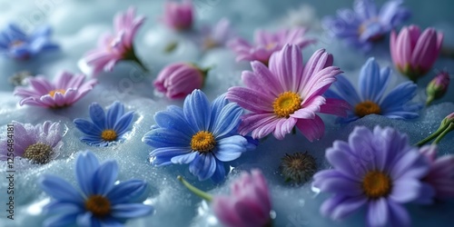 Abstract close-up of frozen daisy flowers in milky water with ice. Blue, purple and pink floral composition, with a blurred background. Textured design with water drops. Gentle spring background.