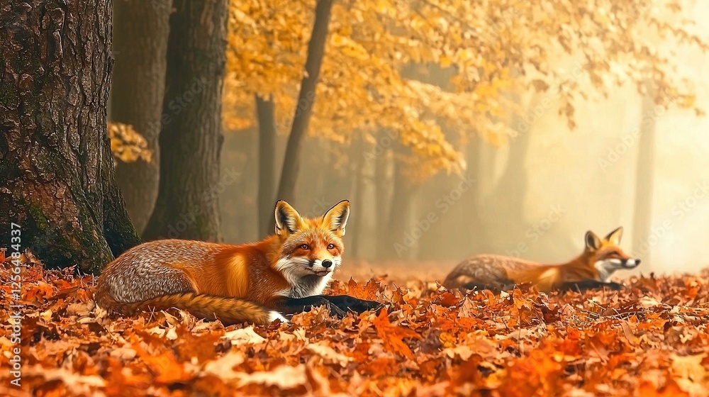 Fototapeta premium A pair of foxes lounge atop a heap of leaves adjacent to a woodland brimming with trees and foliage