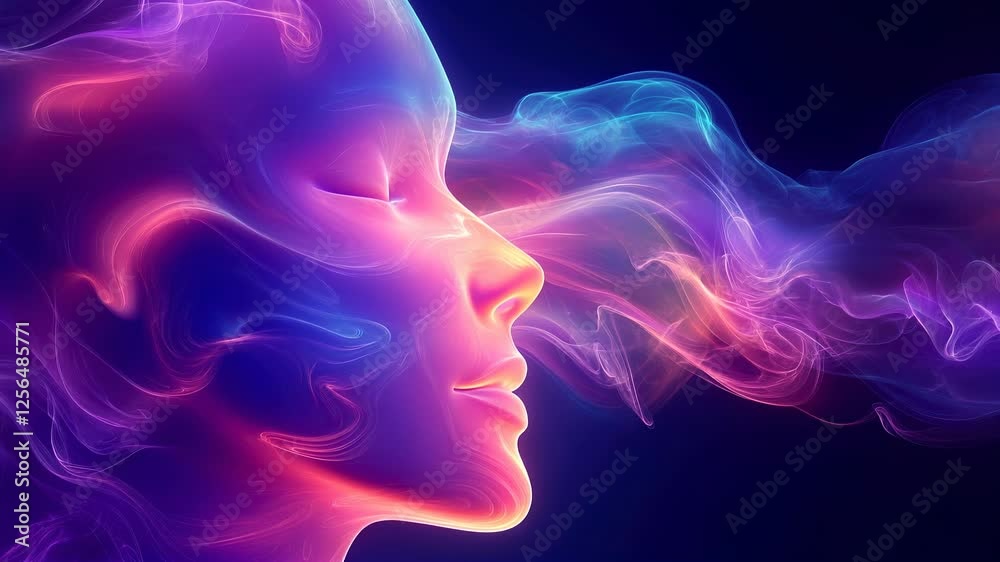 Creative expression through colorful smoke and serene facial silhouette at night Creative expression through colorful smoke and serene facial silhouette at night