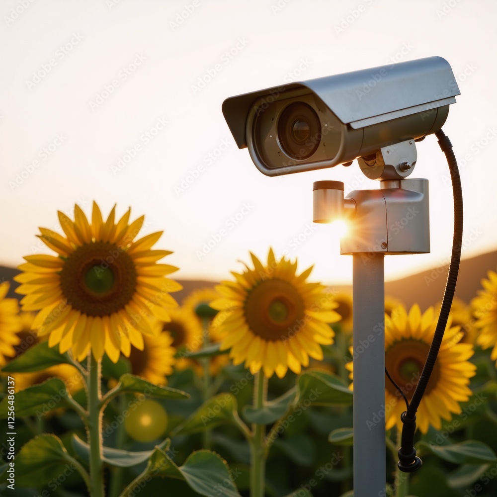 Fototapeta premium High-tech security camera captures serene sunrise among sunflower fields merging technology and natural beauty