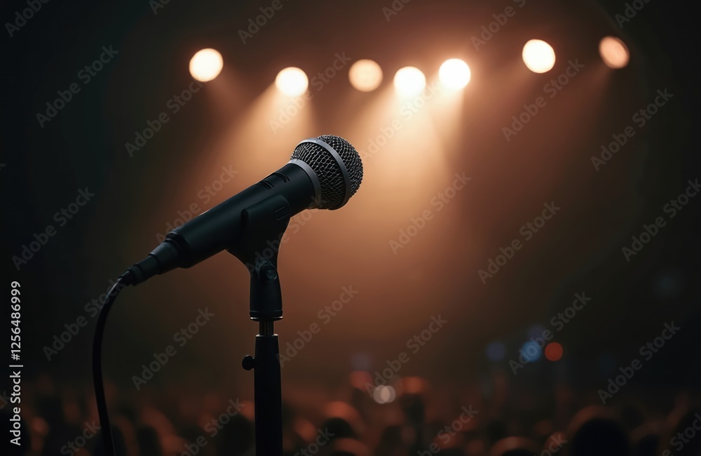 Obraz premium Mic on stage, concert background with lights. Performance, fun atmosphere. Live music event, music show in hall. Vocal microphone on stand. Entertainment lights, party, musician performance, scene.