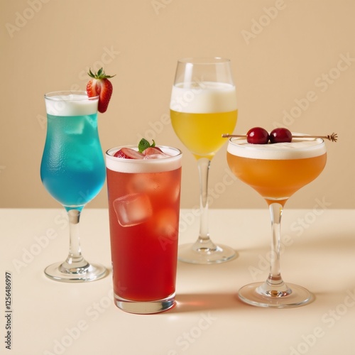 Wallpaper Mural Vibrant summer drinks showcased in various glasses and highlighted by fruit garnishes on a beige backdrop Torontodigital.ca