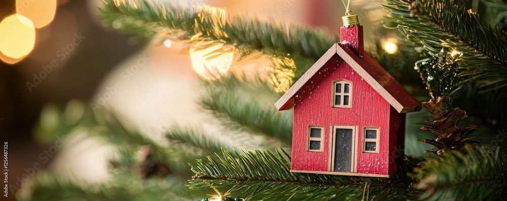 Festive red house ornament hanging on christmas tree branch Festive red house ornament hanging on christmas tree branch