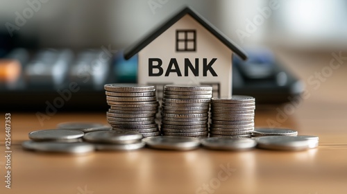 Close-up of silver coins stacked beside a toy house model representing savings or investment plans