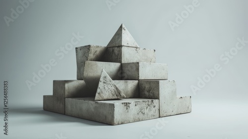 An abstract 3D pyramid composed of stacked, weathered concrete blocks against a minimalistic background. Perfect for architectural, artistic, or conceptual themes. AI generated.