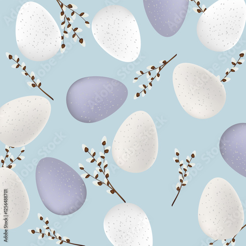 Pussy willow branches and eggs pattern. Vector illustration.