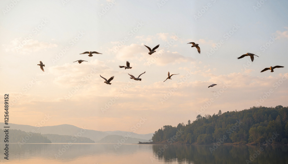Fototapeta premium Birds flying over a calm lake at sunrise