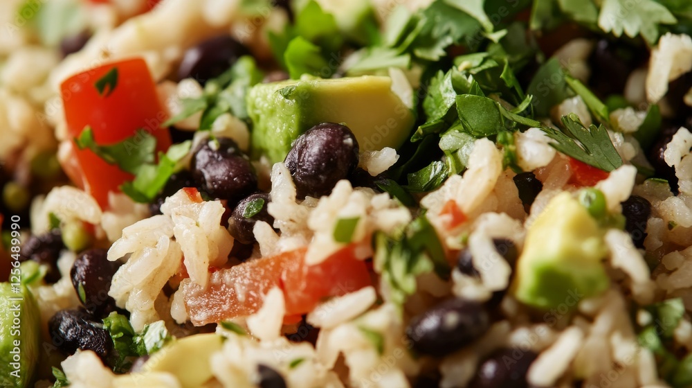 Close-up of rice with fresh avocado and black bean salad. Featuring creamy avocado mixed with black beans and vegetables. Emphasizing a nutritious, flavorful salad. Close-up of rice with fresh avocado and black bean salad. Featuring creamy avocado mixed with black beans and vegetables. Emphasizing a nutritious, flavorful salad.