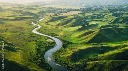 Aerial View of a Meandering River through Vibrant Green Fields and Hills: Picturesque Countryside Scenery in Summer's Flourishing Nature photo