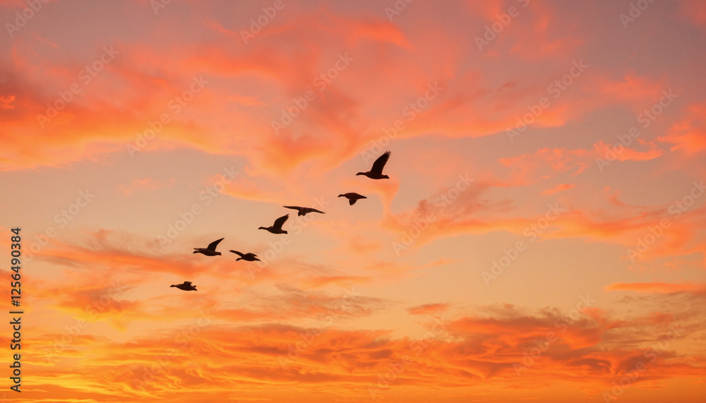 Naklejka premium Birds flying across a vibrant orange sunset