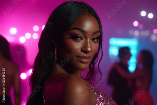 Confident african female adult in sparkling dress at nightclub with pink lighting