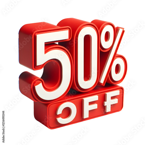 3D 50% off red cut out sign on white background