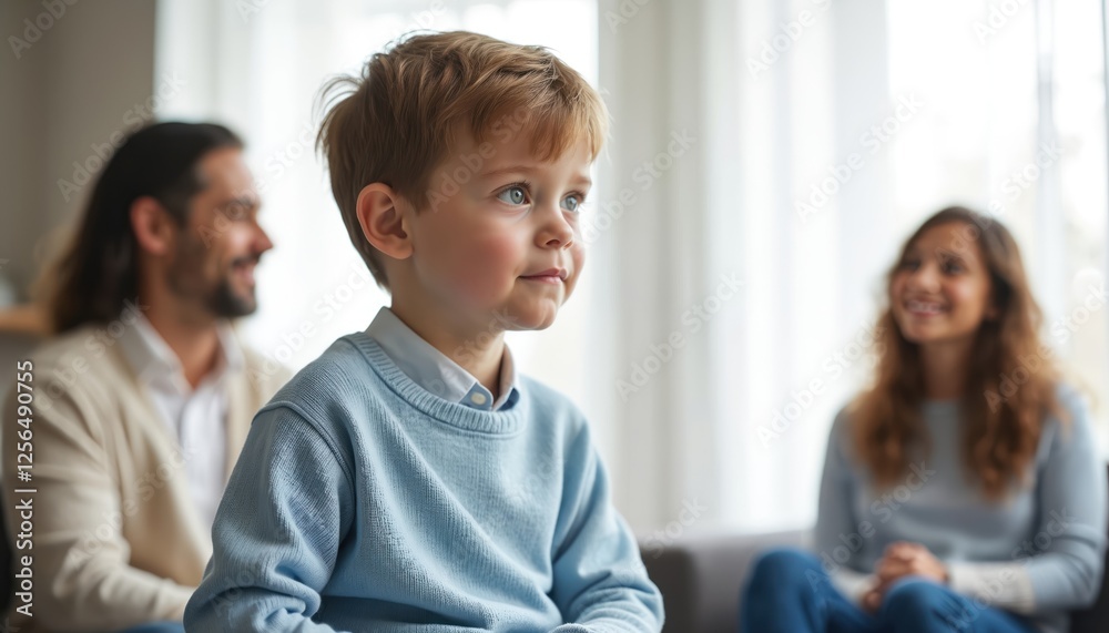 Young boy smiles, with parents blurred in background. Wearing blue sweater. Modern family. Happy childhood. Parentage after divorce. Co-parenting theme. Promoting family communication, emotional Young boy smiles, with parents blurred in background. Wearing blue sweater. Modern family. Happy childhood. Parentage after divorce. Co-parenting theme. Promoting family communication, emotional