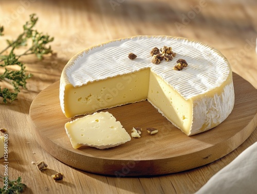 A wheel of baked brie cheese with walnut halves sitting on a wooden cutting board.