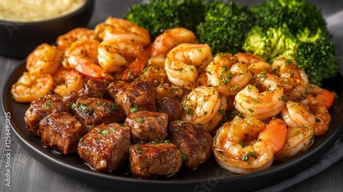Garlic butter steak bites and shrimp feast with fresh broccoli side dish