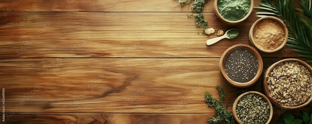 Assorted superfoods in wooden bowls on rustic table with herbs and leaves Assorted superfoods in wooden bowls on rustic table with herbs and leaves