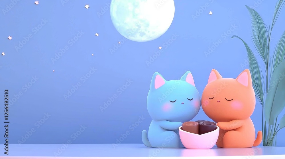 Heartwarming Illustration of Two Cute Cats Sharing Chocolate Under a Full Moon