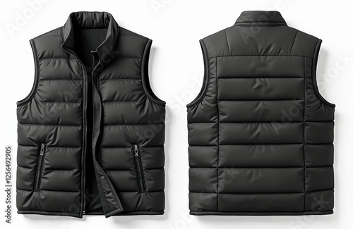 Sleeveless black down jacket on white background. Front, back views of modern puffer vest. Unisex casual streetwear with pockets. Outdoor clothing brand apparel concept. Insulated puffy waist coat