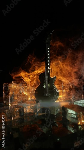 Music Concept: Guitar Miniature on a Dark Background with Vivid Light, Smoke, and Fire Effects. Golden electro guitar under a Dramatic Spotlight.
