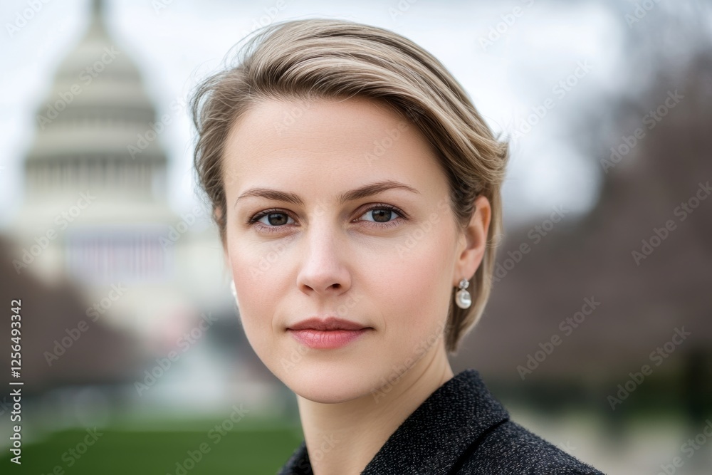 Professional caucasian female in business attire with capitol building in background Professional caucasian female in business attire with capitol building in background