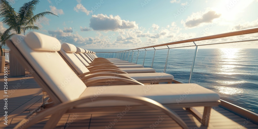 Fototapeta premium A luxurious balcony setting with wooden deck and white lounge chairs, overlooking the ocean at sunset.