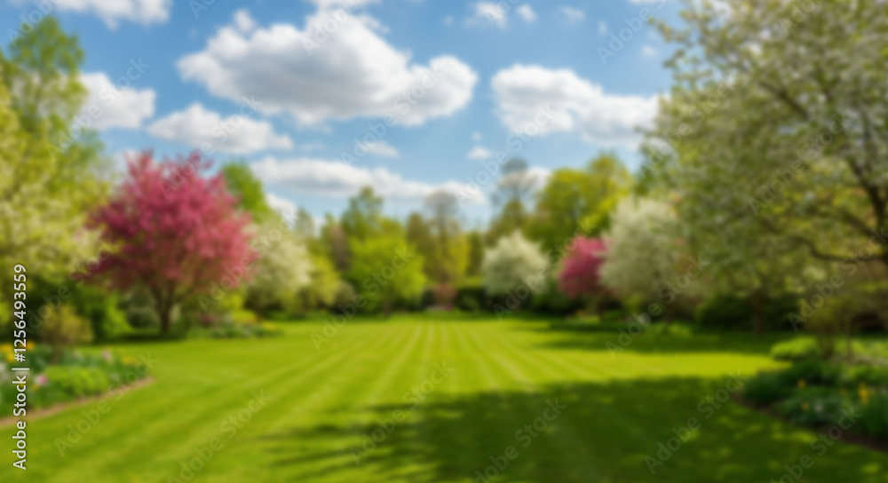 Beautiful blurred background image of spring nature with a neatly trimmed lawn surrounded by trees against a blue sky with clouds on a bright sunny day.
Beautiful blurred background image of spring nature with a neatly trimmed lawn surrounded by trees against a blue sky with clouds on a bright sunny day.