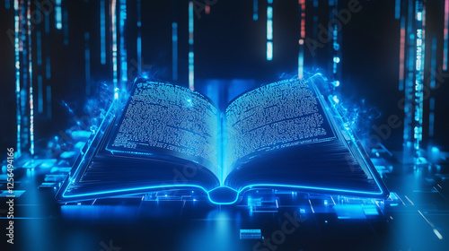 Futuristic glowing book with digital data, symbolizing technology, knowledge, and artificial intelligence in the future