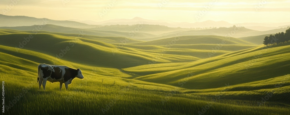 Obraz premium Cow grazing in serene green hills at sunset