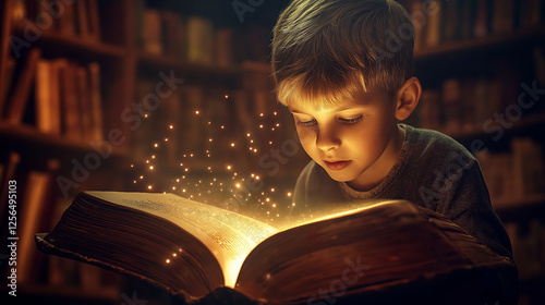 Young boy reading an enchanted glowing book, symbolizing imagination, magic, and the wonder of storytelling