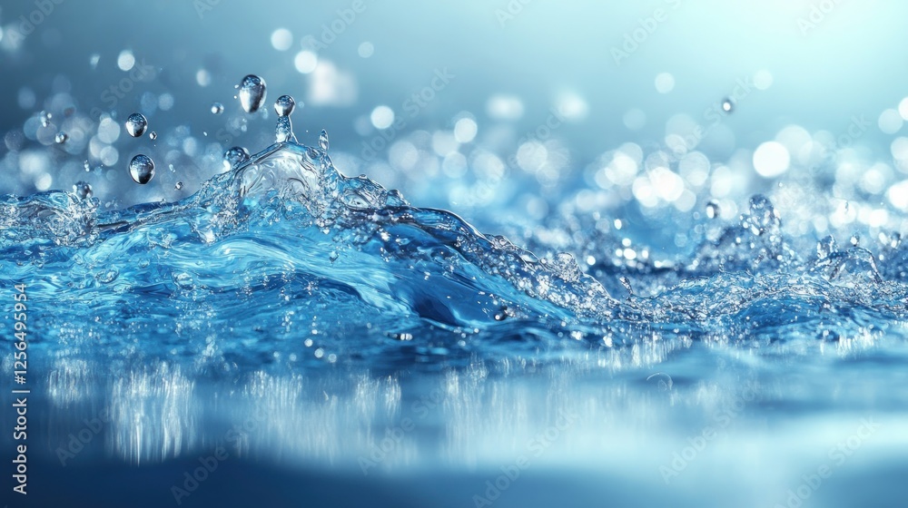 Close-up view of sparkling water droplets splashing in a serene blue environment, creating a tranquil atmosphere Close-up view of sparkling water droplets splashing in a serene blue environment, creating a tranquil atmosphere