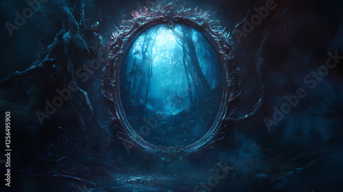 Enchanted mirror glowing with eerie light, fearsome reflections of twisted realities, magic and dread intertwined. Whispering Mirrors. Illustration
