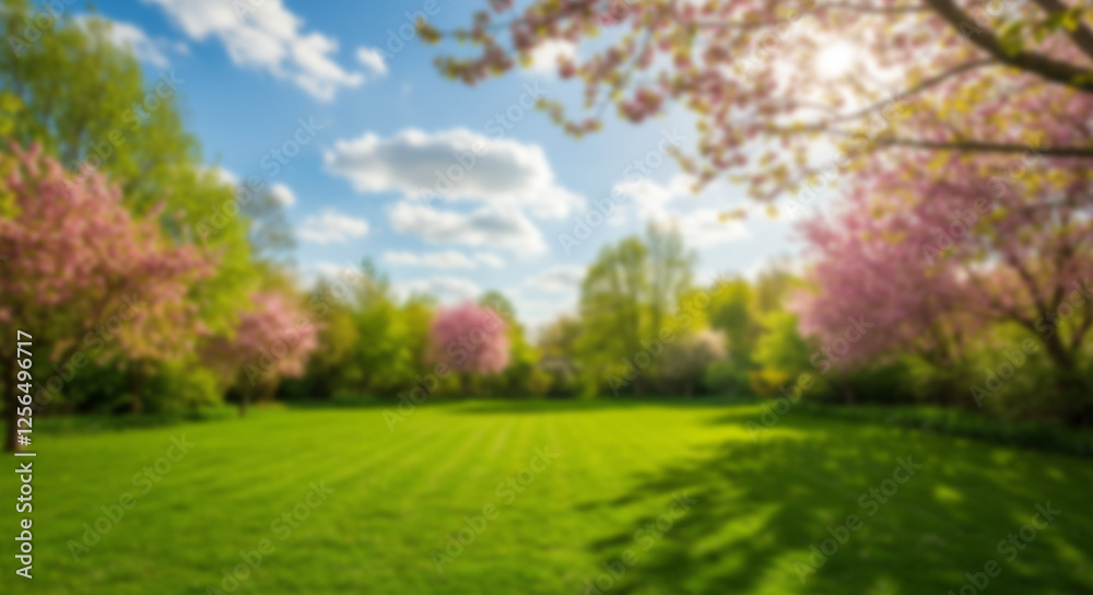 Fototapeta premium Beautiful blurred background image of spring nature with a neatly trimmed lawn surrounded by trees against a blue sky with clouds on a bright sunny day. 