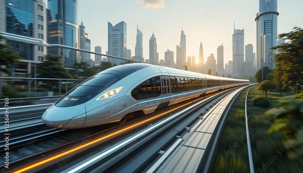Fototapeta premium High-speed train journey through futuristic cityscape urban environment technology concept modern design