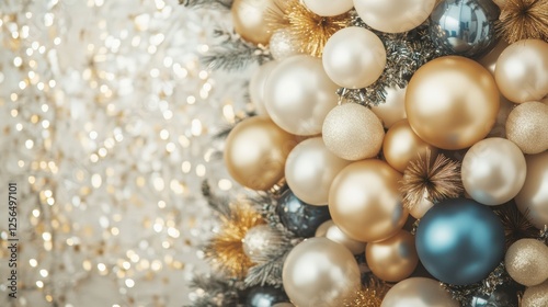 Festive backdrop featuring shimmering tinsel and balloons for a minimalist party celebration. Generative AI