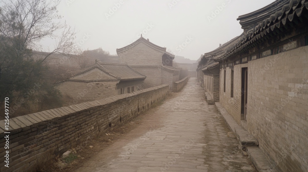 Foggy ancient Chinese town street, walled city, travel Foggy ancient Chinese town street, walled city, travel