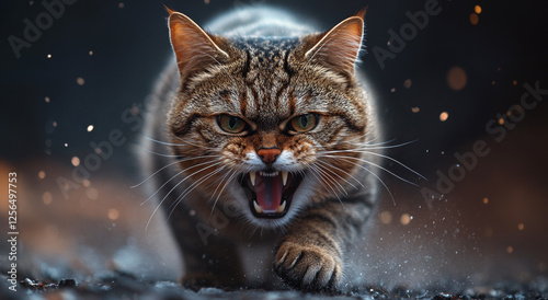 A cat is shown with its mouth open and teeth bared, looking angry and ready to attack