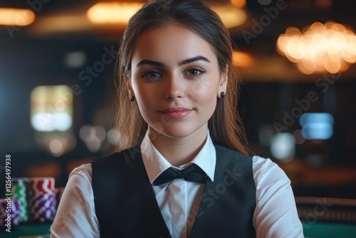 Young hispanic female casino dealer in elegant uniform with poker chips photo